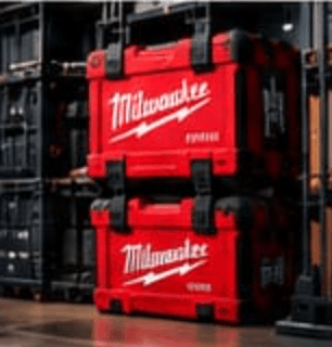 Stack of red Milwaukee Packout tool cases