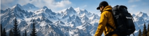 Hiker in a yellow jacket looking across snowy mountains