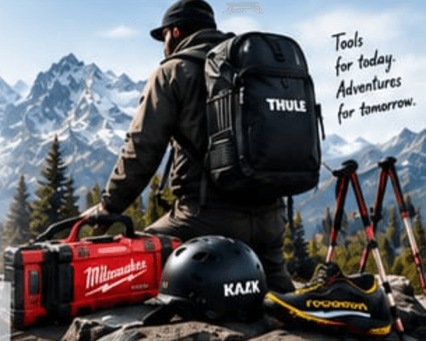 Outdoor adventurer with a Thule backpack beside Milwaukee tools, a helmet and hiking gear in the mountains
